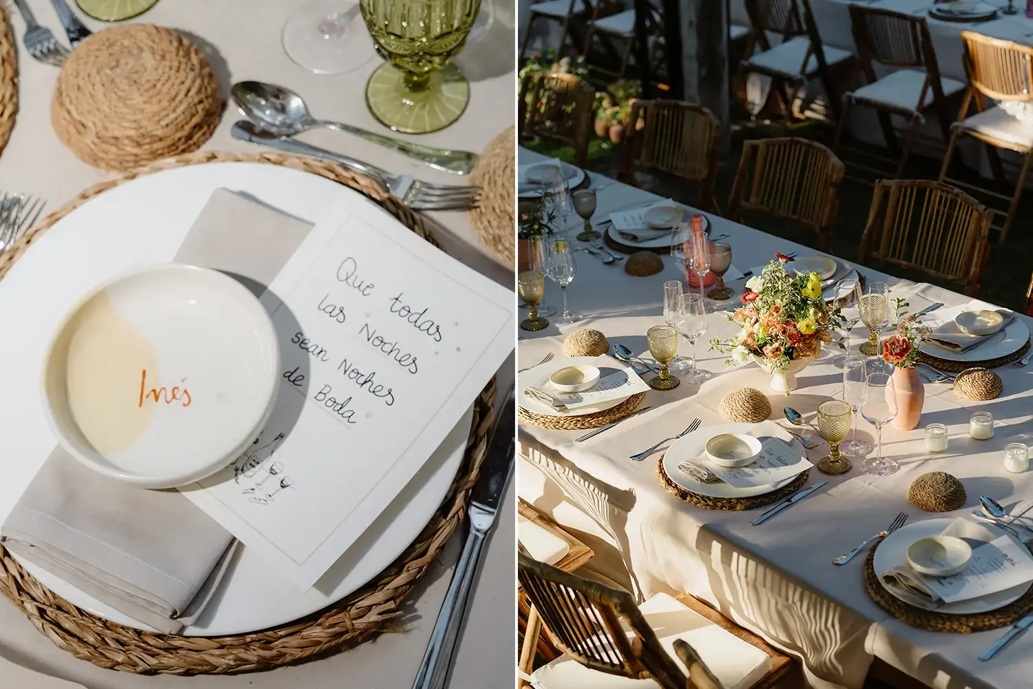 Two wedding table settings: one featuring a personalized ceramic bowl and handwritten note, and the other showcasing an elegant arrangement of rustic woven placemats, floral centerpieces, and neutral-toned tableware.